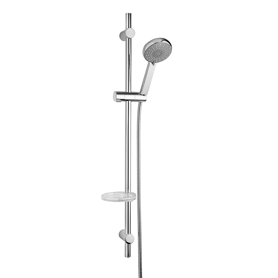 Sliding rail Ø 22 mm with soap dish and 3-jet Ø 104 mm anti-limestone handshower, PVC flexible hose cm 150
