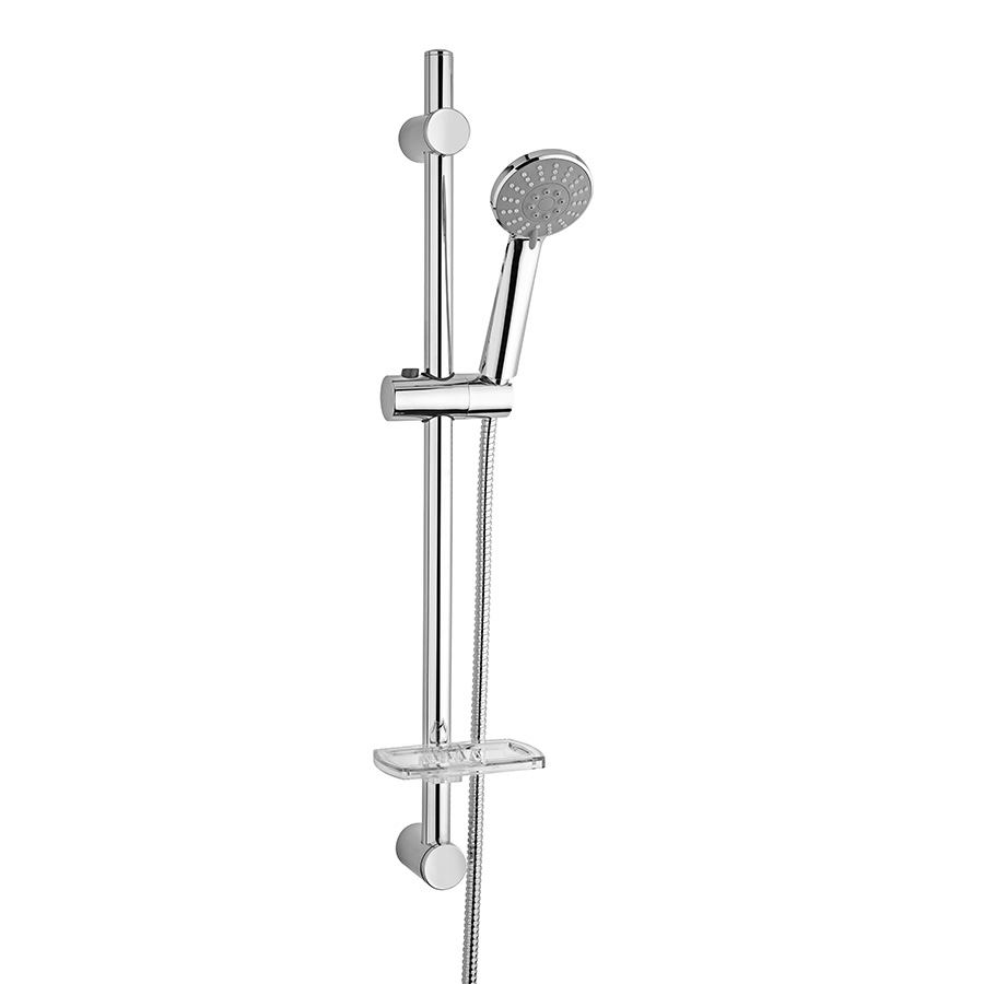 Sliding rail Ø 25 mm with soap dish and 3-jet Ø 85 mm anti-limestone handshower, PVC flexible hose cm 150
