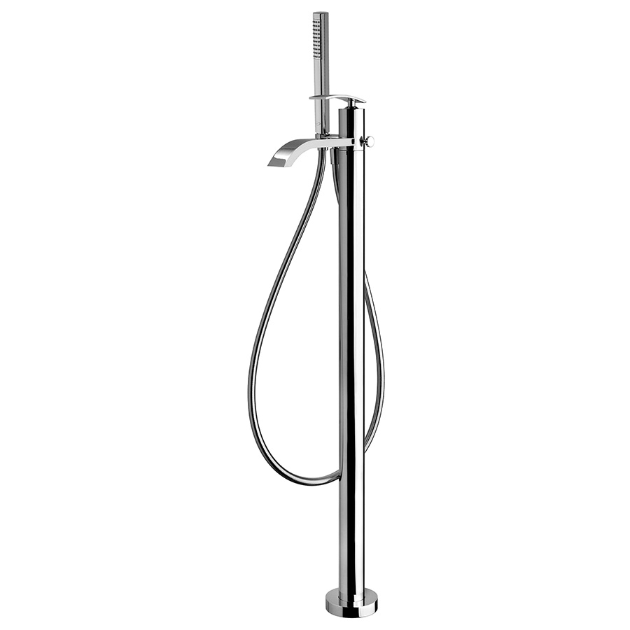 Single lever column bath mixer, flexible hose and hand shower
