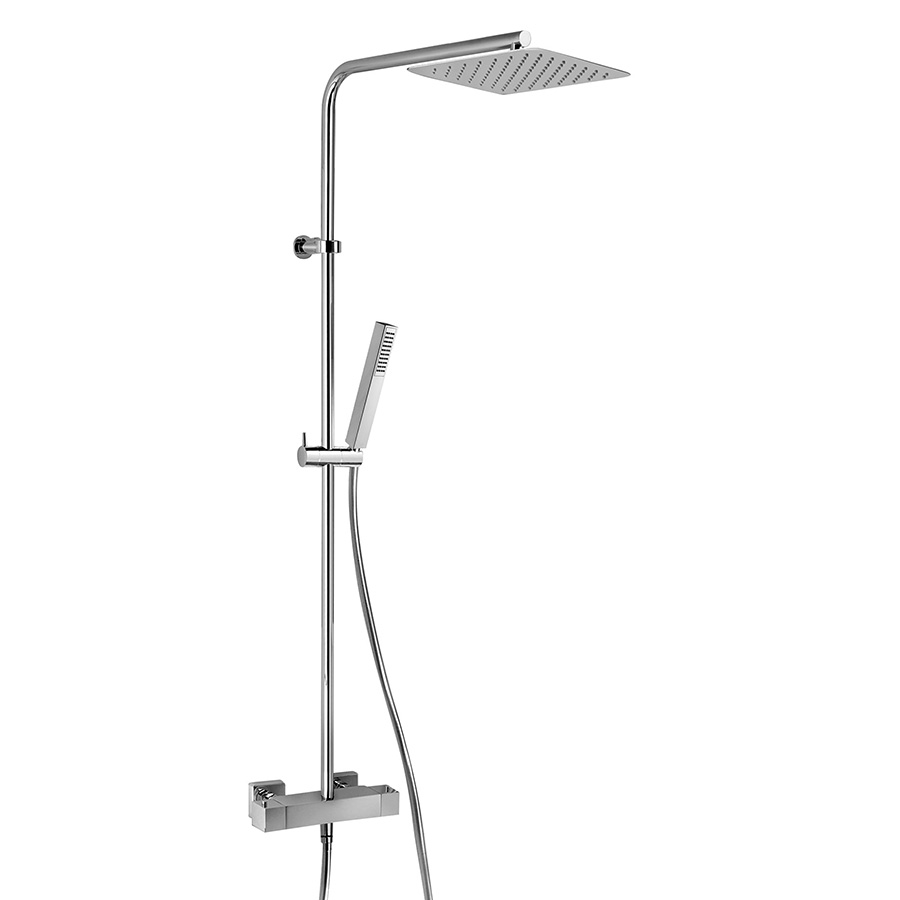 Colonna doccia termostatica con tubo tondo, deviatore integrato, soffione in acciaio 200x200 mm, doccia monogetto minimalista e flessibile PVC grigio 150 cm 