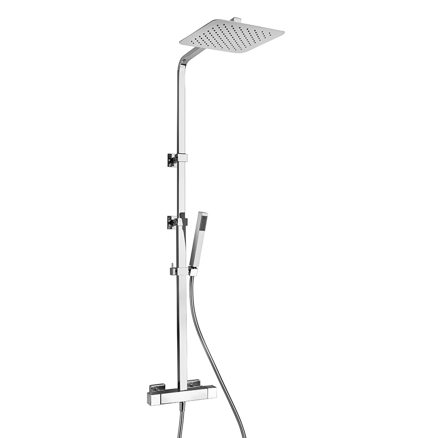 Colonna doccia termostatica telescopica, deviatore integrato, soffione in acciaio 250x250 mm, doccia monogetto minimalista e flessibile PVC grigio 150 cm