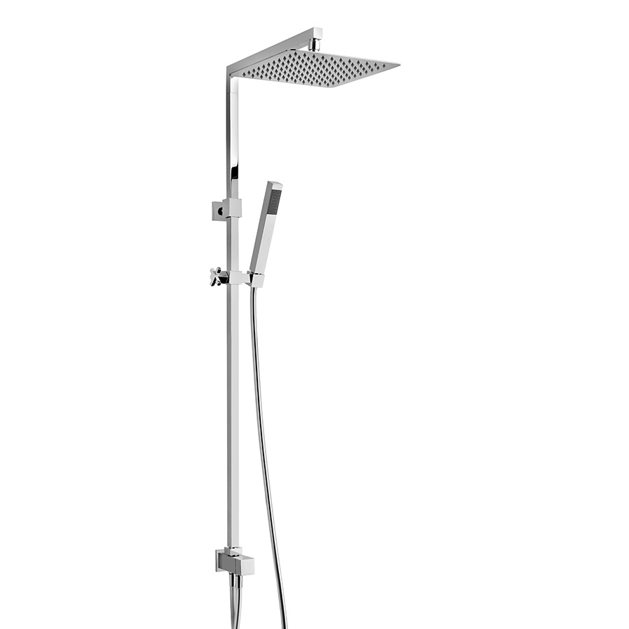 Colonna doccia senza miscelatore, soffione in acciaio inox 250x250 mm, deviatore meccanico, doccia monogetto minimalista e flessibile PVC grigio 60 e 150 cm