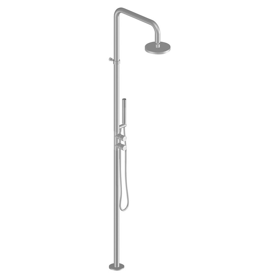 Colonna doccia a pavimento con miscelatore termostatico, deviatore integrato, soffione ABS Ø 200 mm, doccia monogetto minimalista tonda e flessibile PVC grigio cm 150