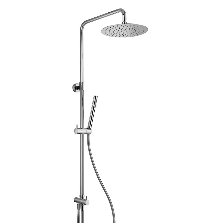 Adjustable round shower column in brass with diverter and flexible connection, fixed centres. Brass fixing kit, adjustable shower holder in ABS, PVC grey flexible 60 and 150 cm, wallmounted diverter in brass, handshower and shower head 250 Ø mm
