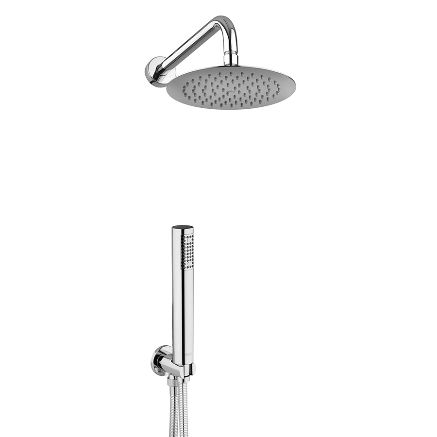 Round shower set with 20Ø cm stainless steel shower head, shower arm, hand shower and adjustable holder with water outlet
