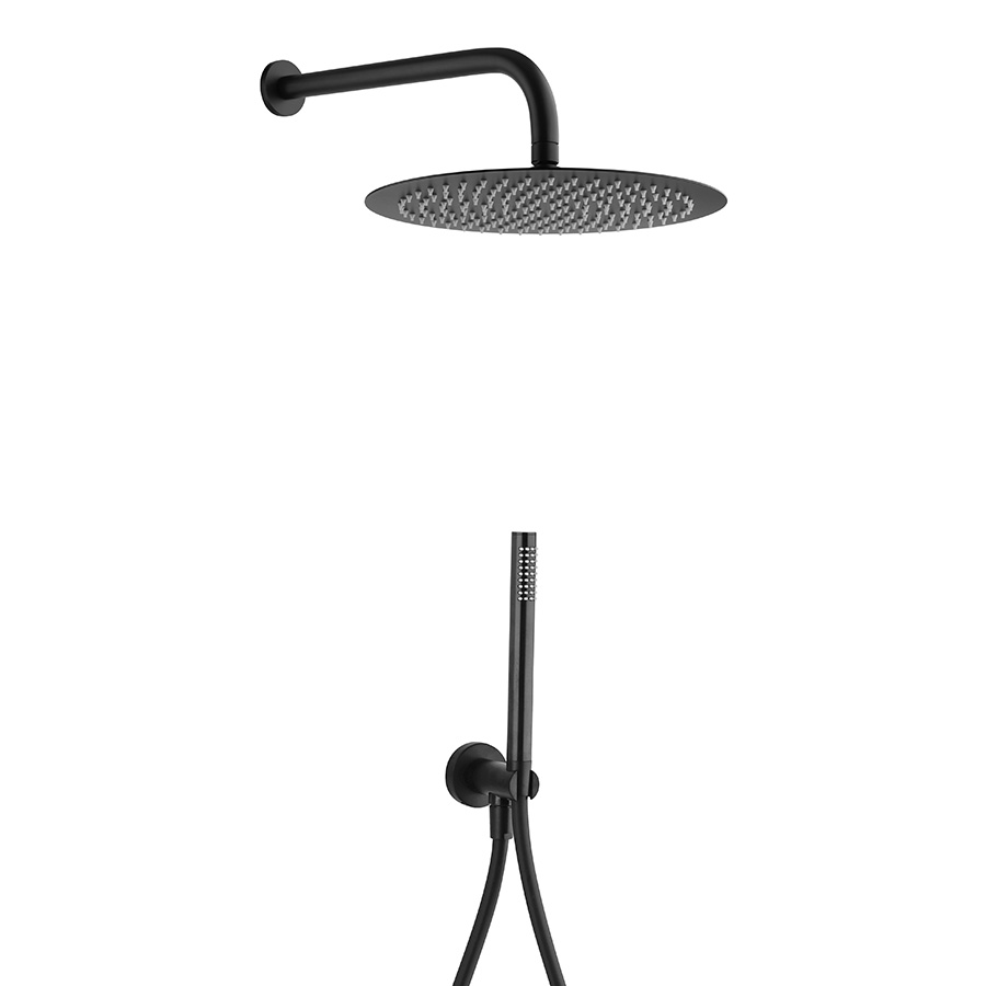 Round shower set with 20Ø cm stainless steel shower head, shower arm, hand shower and adjustable holder with water outlet
