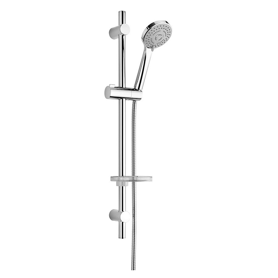 Sliding rail Ø 22 mm with soap dish and 3-jet Ø 97 mm anti-limestone handshower, PVC flexible hose cm 150
